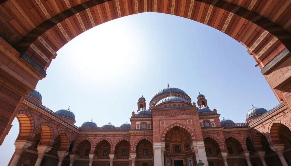 Generate an image of the Sixty Dome Mosque's majestic structure with its terracotta bricks and intricate designs.