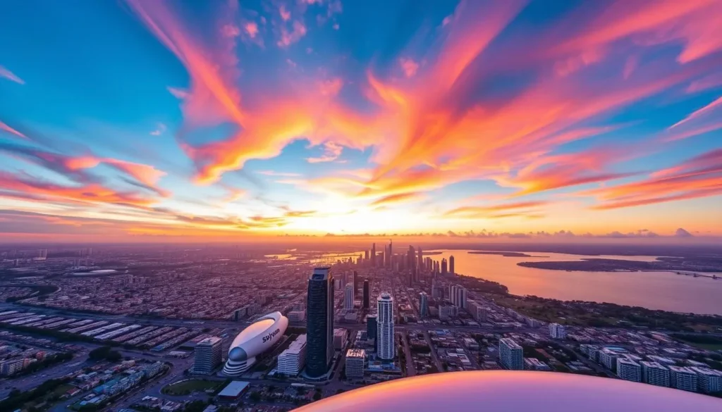 Generate an image of the SkyPoint Observation Deck at sunset with panoramic views of the Gold Coast.