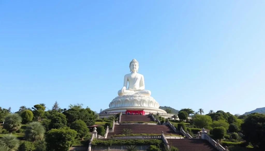 Generate an image of the Son Tra Peninsula with the Lady Buddha statue in the background.