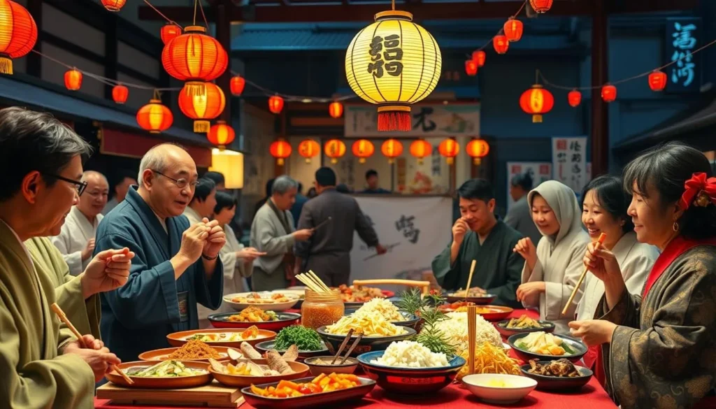 Generate an image of the Soto Zen Bon Festival with people participating in Bon dancing and enjoying Japanese cuisine.