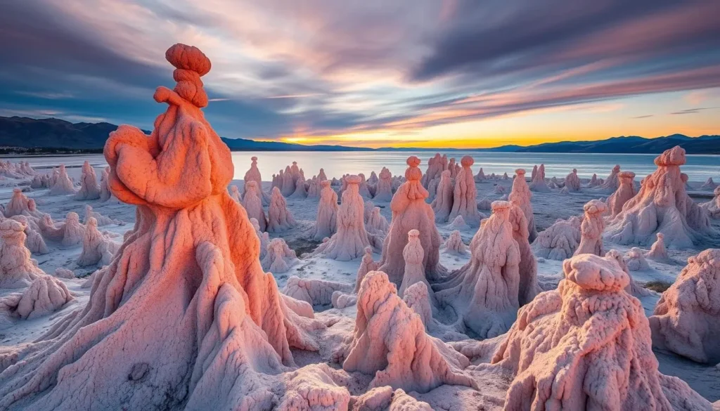 Generate an image of the South Tufa Area at Mono Lake, showcasing its unique tufa formations during sunrise.