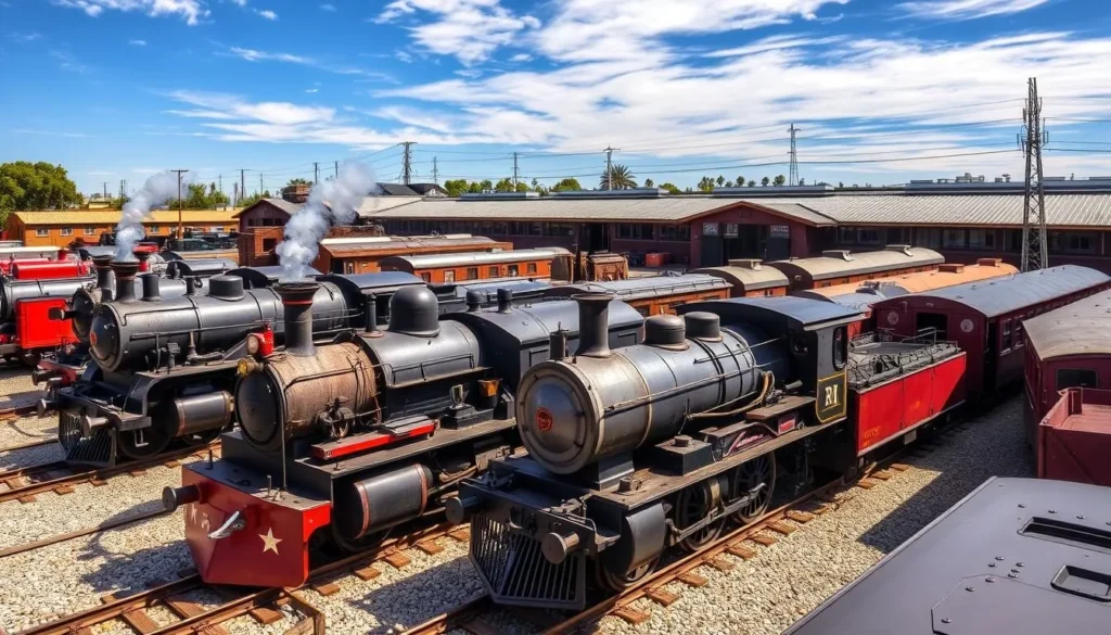 Generate an image of the Southern California Railway Museum's historic train yard with various locomotives and train cars on display.