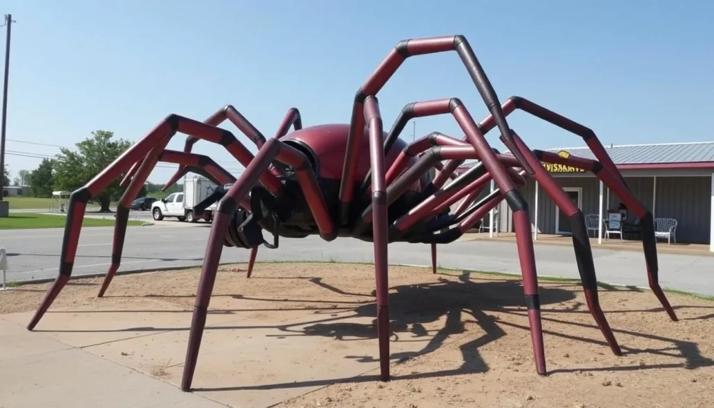 Generate an image of the Spider VW Bug, a Volkswagen Beetle turned into a giant spider sculpture in Lexington, Oklahoma.