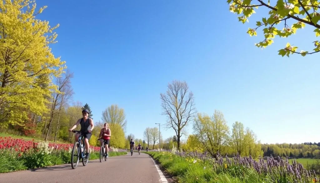 Generate an image of the Springwater Corridor Trail with cyclists and joggers surrounded by natural scenery.