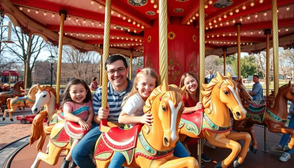 Generate an image of the St. Louis Carousel at Faust Park, with children and adults enjoying the ride together.