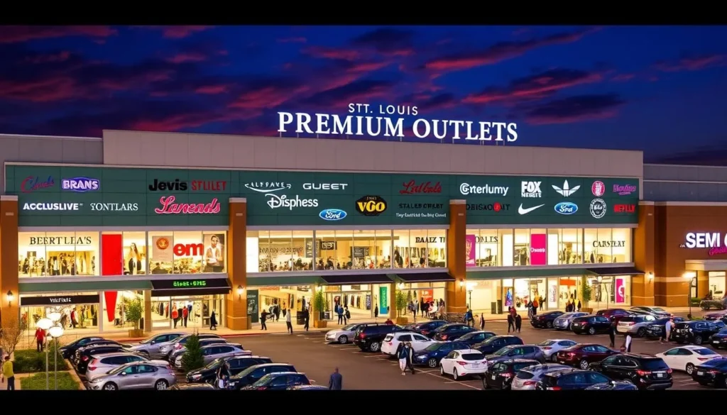 Generate an image of the St. Louis Premium Outlets building with a bustling parking lot and a variety of brand logos displayed prominently.