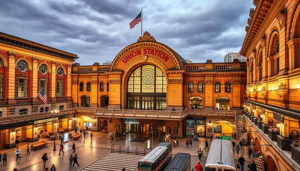 Generate an image of the St. Louis Union Station complex, showcasing its historic architecture and vibrant atmosphere.