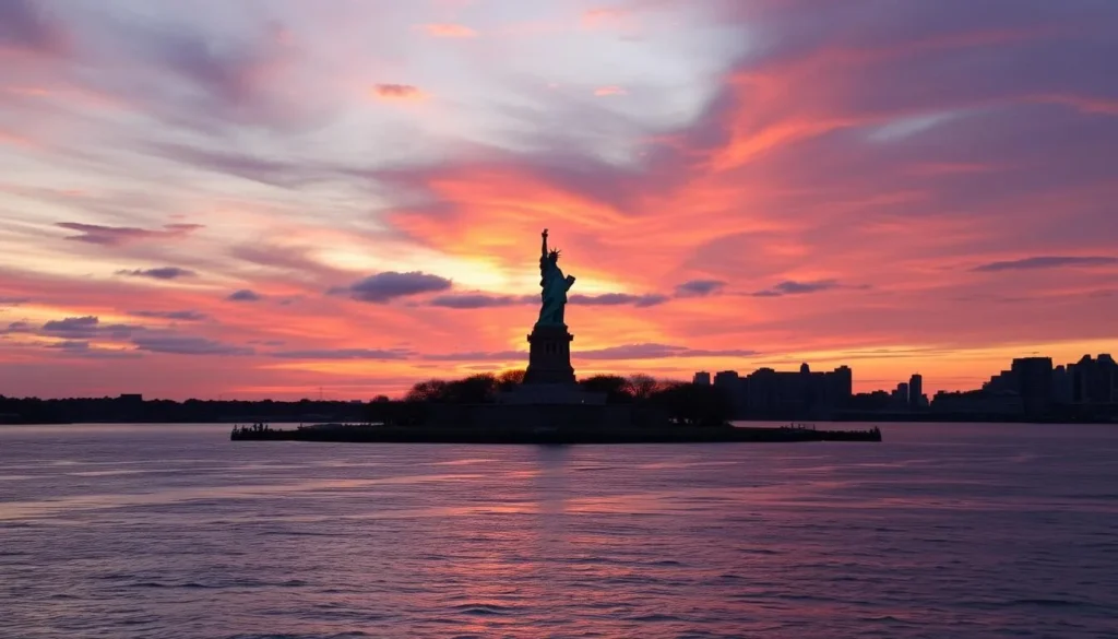 Generate an image of the Statue of Liberty and Ellis Island as seen from Liberty State Park