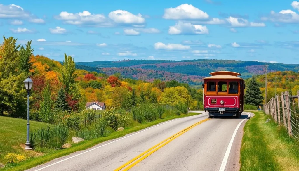 Generate an image of the Ste. Genevieve Trolley driving down a scenic road.