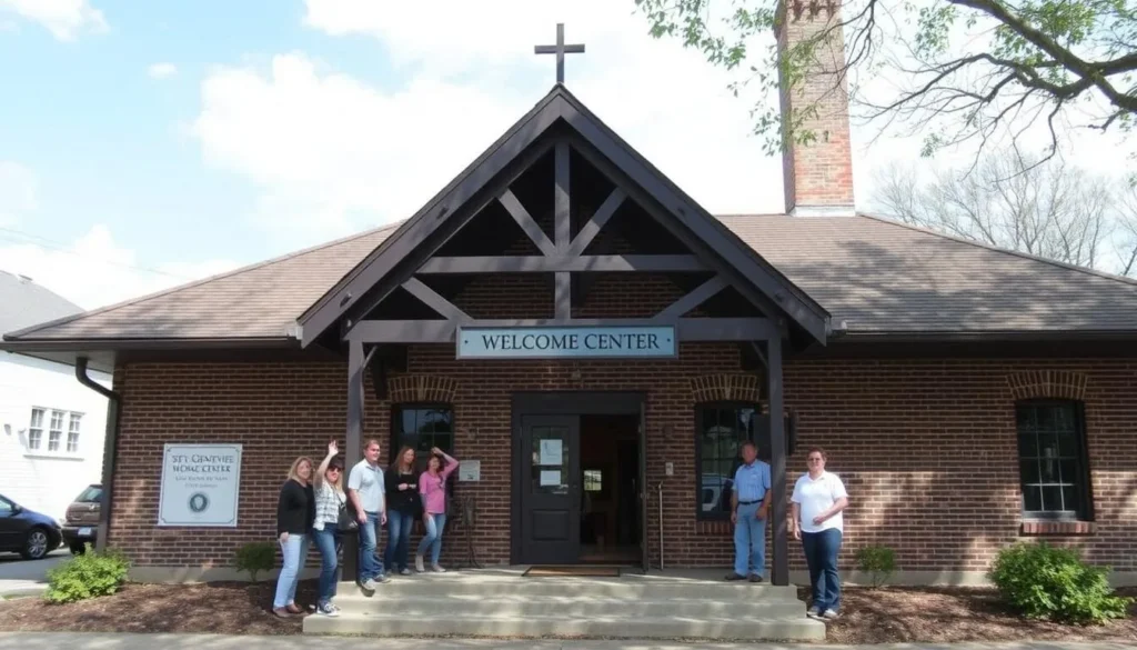 Generate an image of the Ste. Genevieve Welcome Center, showcasing its historic architecture and friendly staff.