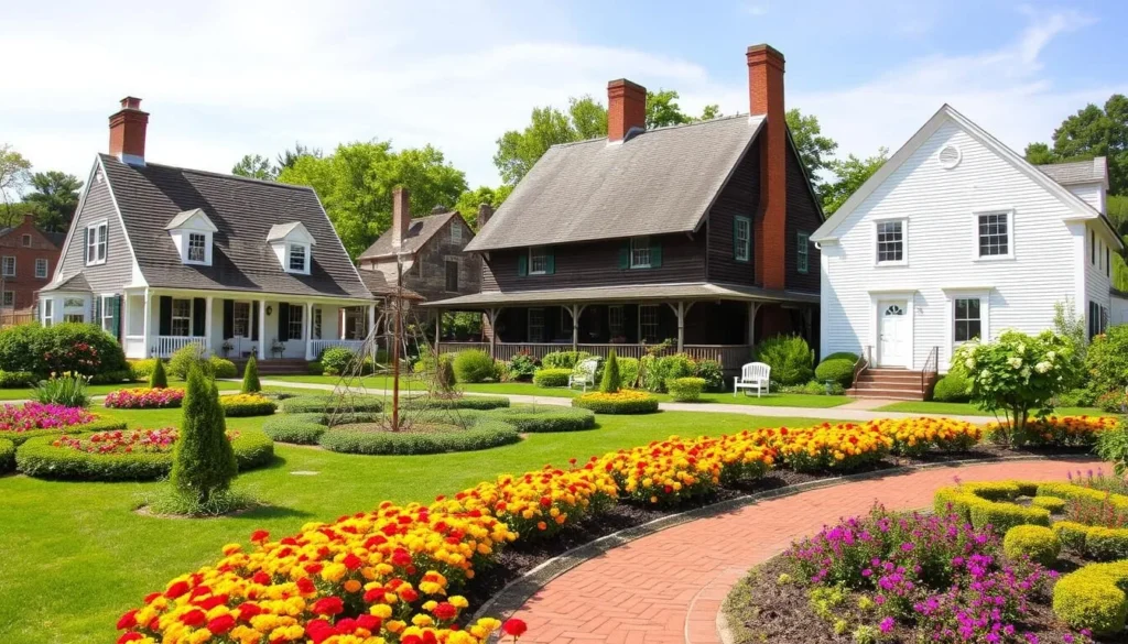 Generate an image of the Strawbery Banke Museum's historic buildings and gardens.