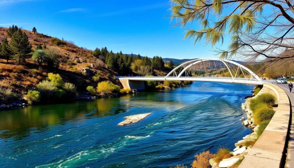 Generate an image of the Sundial Bridge in Redding, California, with the Sacramento River flowing underneath.