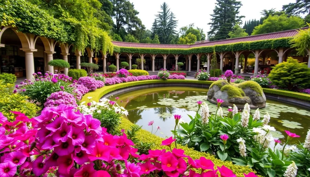 Generate an image of the Sunken Gardens, highlighting its serene atmosphere and beautiful gardens.