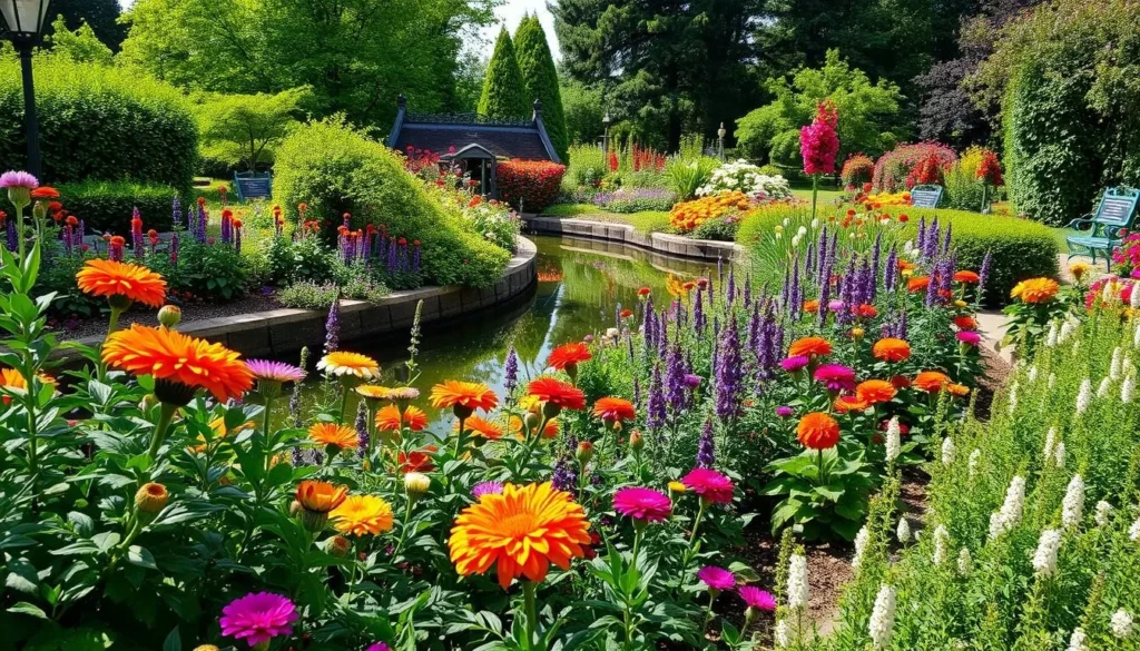 Generate an image of the Sunken Gardens in Lincoln, Nebraska, showcasing its vibrant floral displays and serene atmosphere.