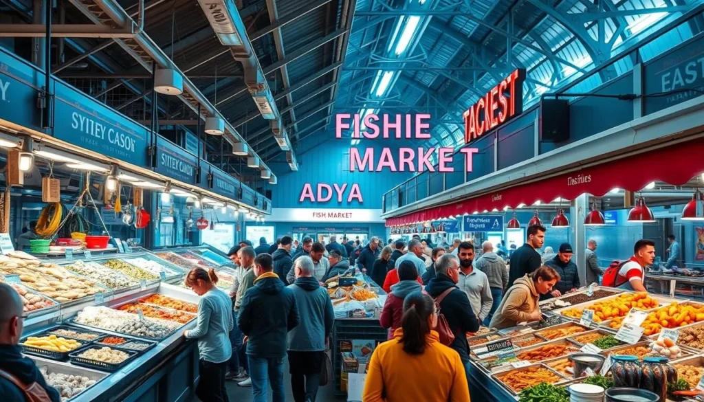 Generate an image of the Sydney Fish Market, showcasing its bustling atmosphere and fresh seafood on display.