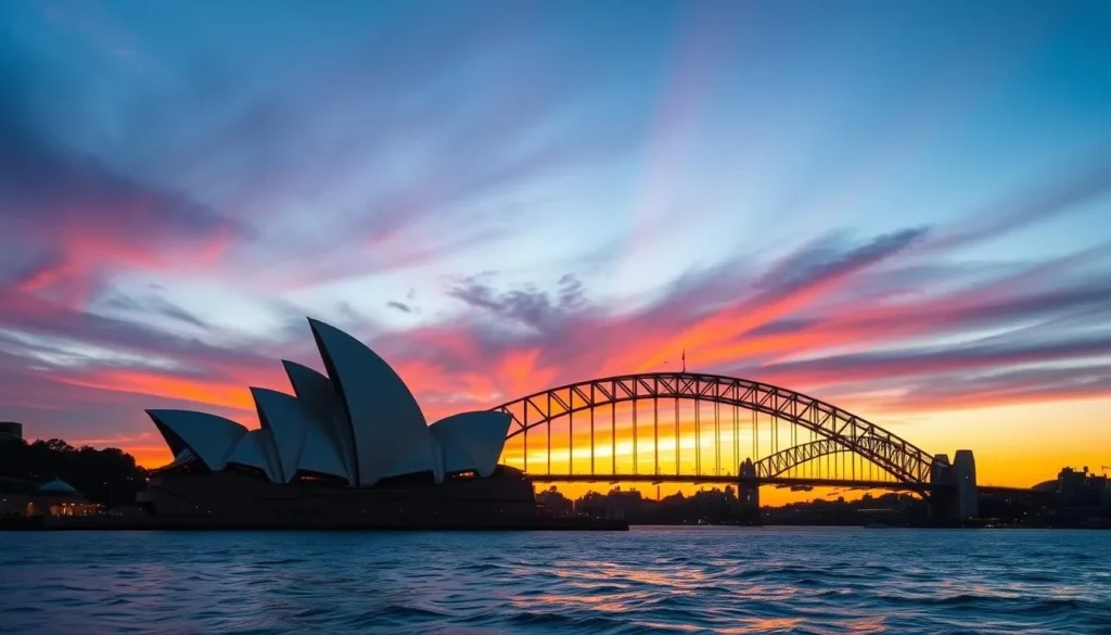 Generate an image of the Sydney Opera House at sunset with the harbor bridge in the background.