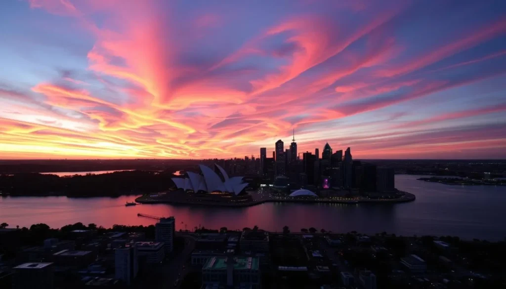 Generate an image of the Sydney skyline from the Sydney Tower Eye at sunset.