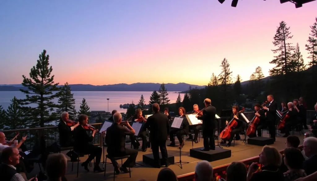 Generate an image of the Tahoe Symphony Orchestra performing on stage at a Lake Tahoe venue.