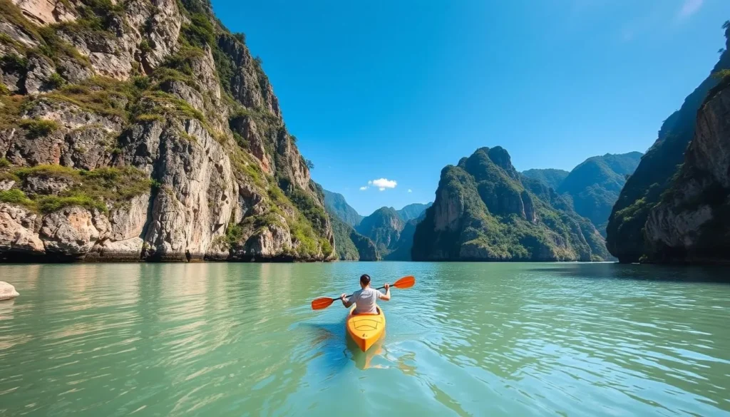 Generate an image of the Tarn Gorges with a kayaker paddling through the calm waters surrounded by limestone cliffs.