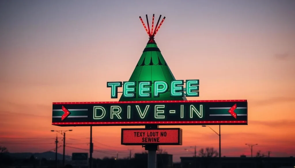Generate an image of the Teepee Drive-In's retro sign at dusk.