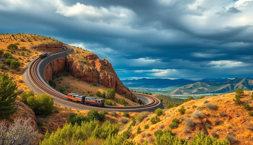 Generate an image of the Tehachapi Loop with a train traversing the spiral formation