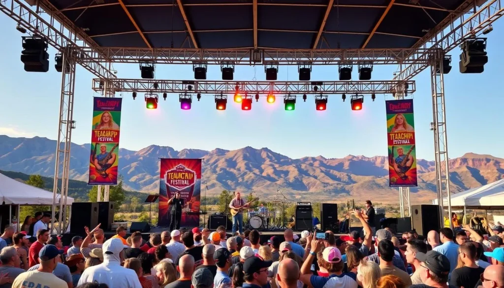 Generate an image of the Tehachapi Mountain Festival main stage with a live band performing.