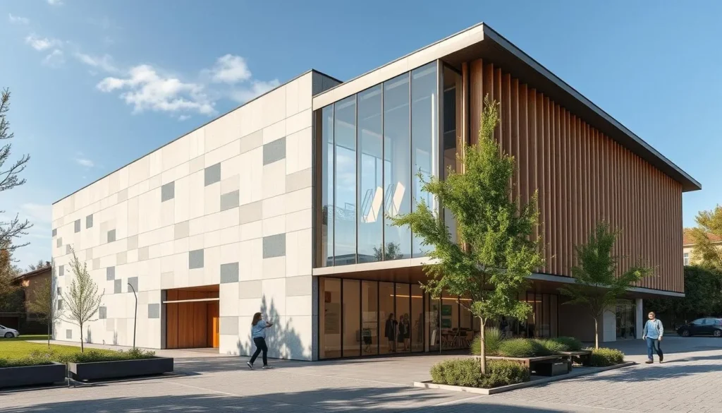 Generate an image of the Textile and Industry Museum in Busto Arsizio, Italy, showcasing its modern architecture and vibrant surroundings.