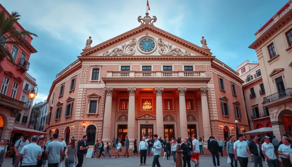 Generate an image of the Théâtre d'Oran Abdelkader Alloula, showcasing its neoclassical architecture and vibrant cultural atmosphere.