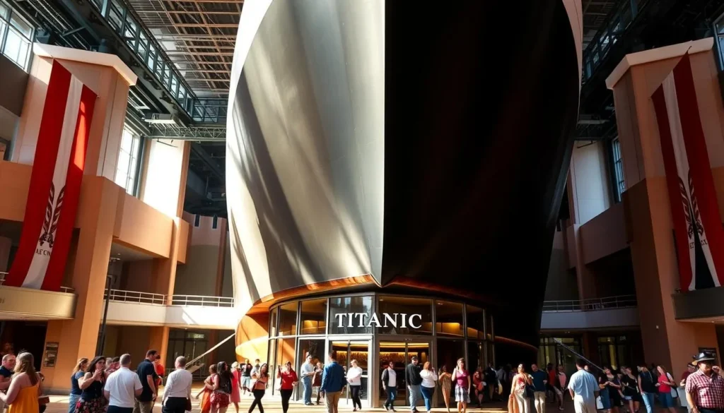 Generate an image of the Titanic Museum Attraction's grand entrance with a large replica of the Titanic's stern.