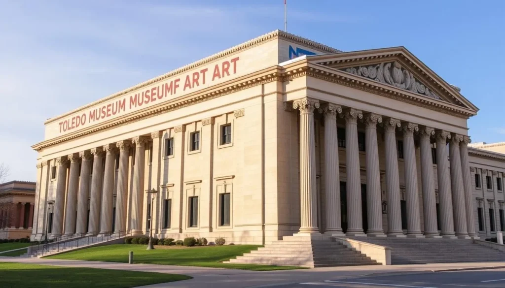 Generate an image of the Toledo Museum of Art's main building with its Greek Revival design and grand columns.