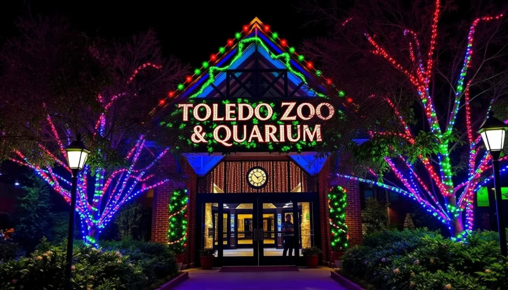 Generate an image of the Toledo Zoo & Aquarium's main entrance, decorated with festive lights and surrounded by lush greenery.