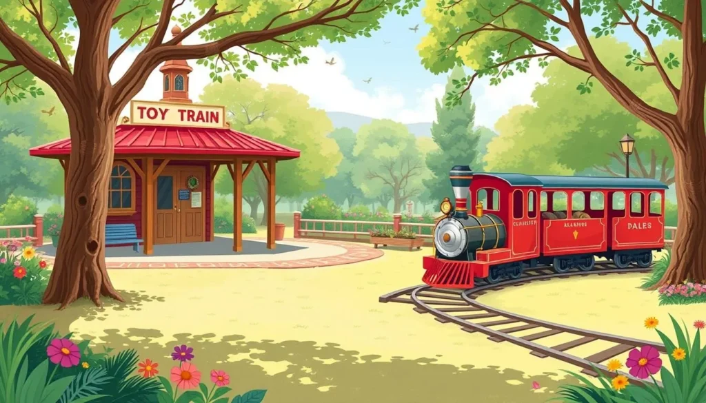 Generate an image of the Toy Train Depot's charming red train in Alameda Park.