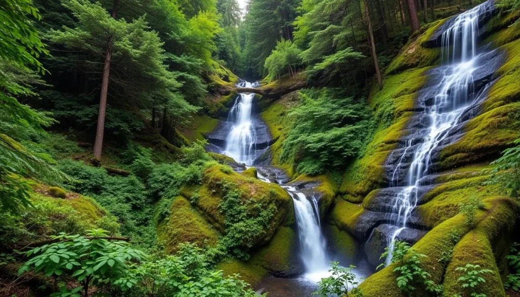 Generate an image of the Trail of Ten Falls in Silver Falls State Park, showcasing its lush surroundings and a prominent waterfall.