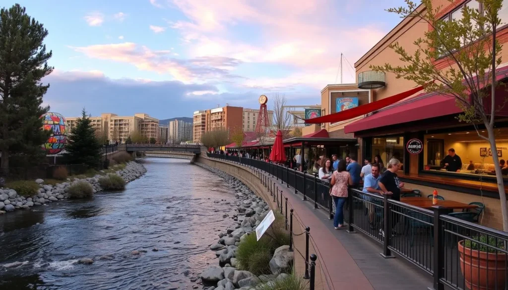 Generate an image of the Truckee River Walk in Reno, featuring public art and cafes along the river.