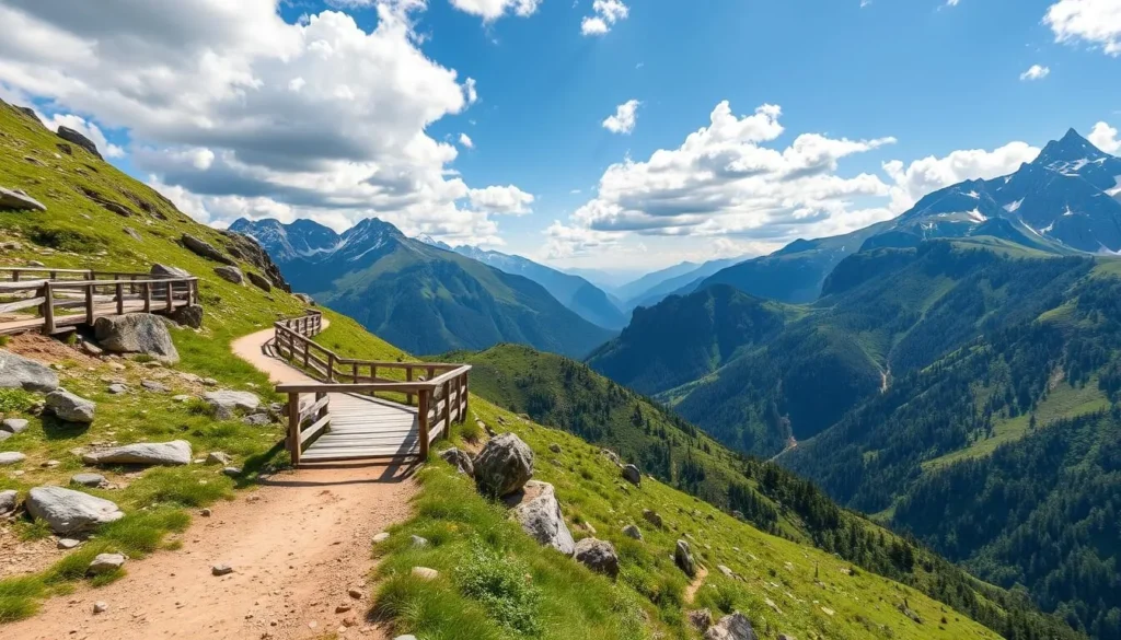 Generate an image of the Trutg dil Flem hiking trail with a bridge and stunning mountain views.