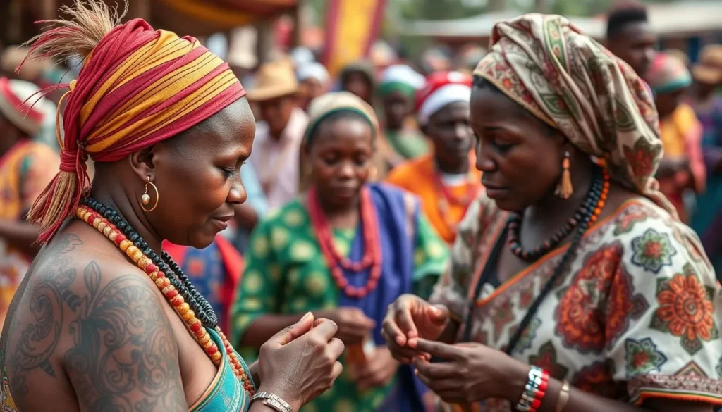Generate an image of the Tufi Festival showcasing traditional tattooing and tapa cloth production.