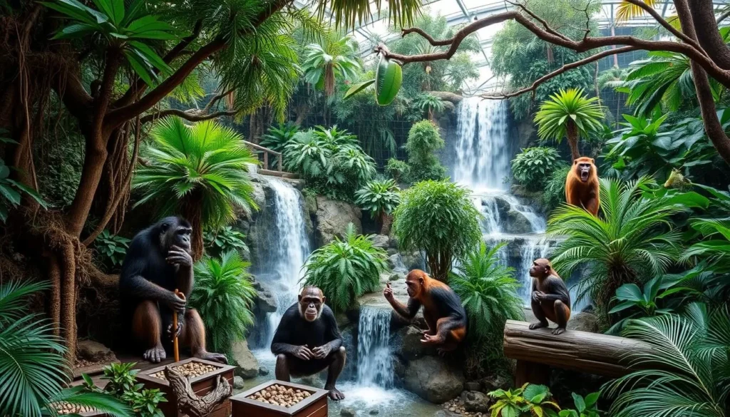 Generate an image of the Tulsa Zoo's Lost Kingdom exhibit, showcasing primates and other exotic animals in a tropical rainforest setting.