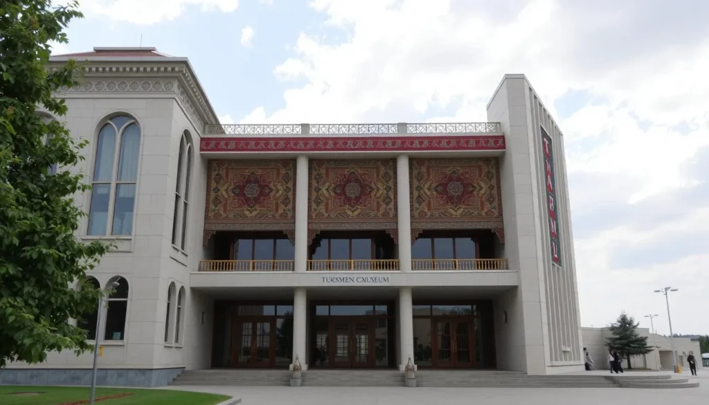 Generate an image of the Turkmen Carpet Museum's exterior in Ashgabat, showcasing its unique architecture.