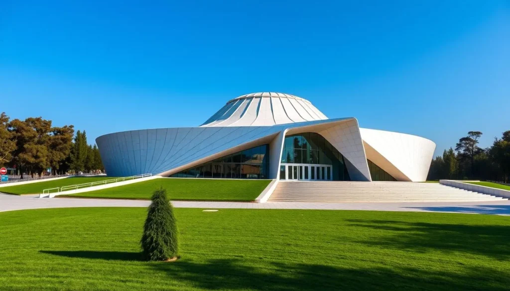 Generate an image of the Turkmen Museum of Fine Arts building in Ashgabat, showcasing its modern architecture.