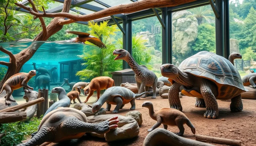 Generate an image of the Turtle Back Zoo's animal exhibits, showcasing the variety of species.