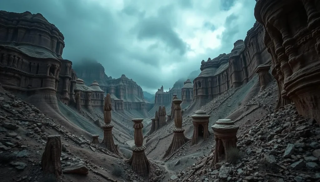 Generate an image of the Valle de los Muertos, showcasing its unique geological formations and eerie landscape.