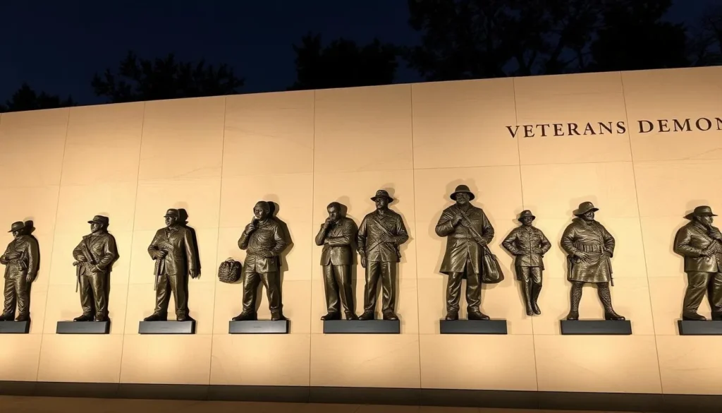 Generate an image of the Veterans Memorial Wall, highlighting its intricate bronze figures.