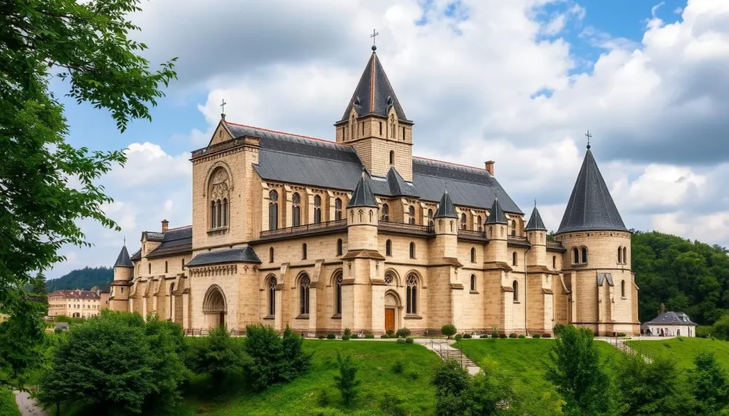Generate an image of the Vézelay Basilica, highlighting its Romanesque features and picturesque surroundings.