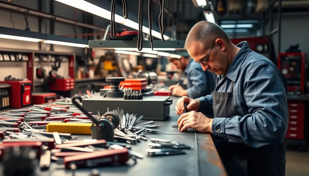 Generate an image of the Victorinox factory in Ibach-Schwyz, showcasing the production of Swiss Army knives.