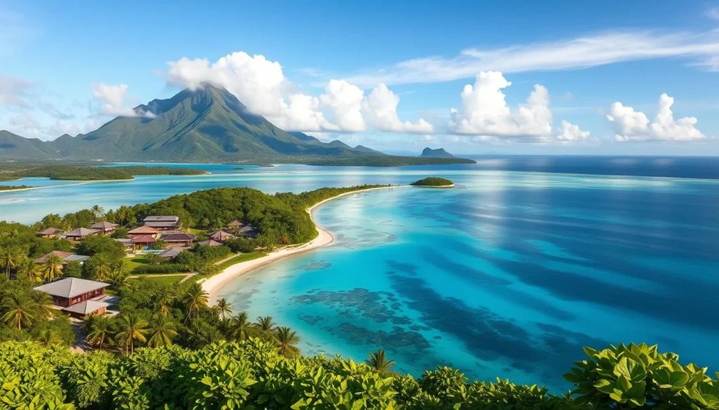 Generate an image of the Vin de Tahiti winery on the island of Rangiroa, with a scenic view of the surrounding landscape and clear waters.
