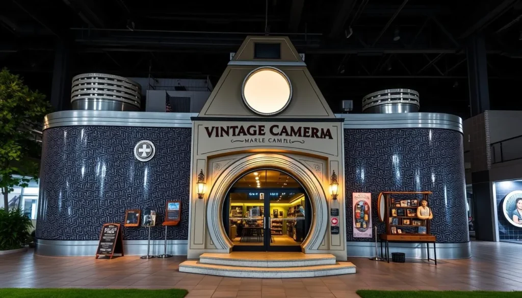 Generate an image of the Vintage Camera's Museum exterior, showcasing its unique camera-shaped design.