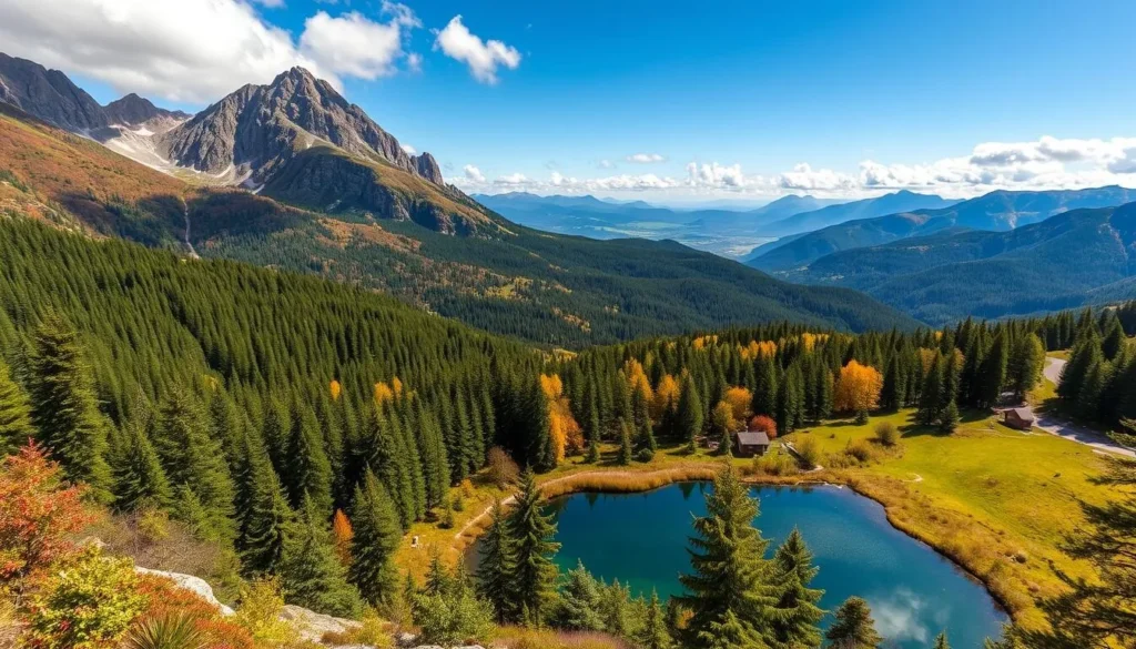 Generate an image of the Vosges Mountains with lush forests, serene lakes, and panoramic views.