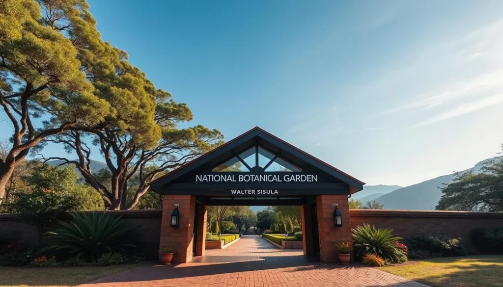 Generate an image of the Walter Sisulu National Botanical Garden's main entrance, showcasing its natural beauty and serene atmosphere.