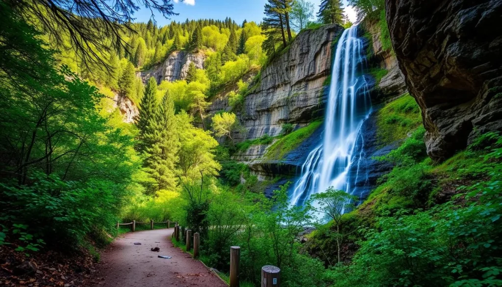 Generate an image of the Wapama Falls Trail in Hetch Hetchy, California, showcasing the lush greenery and the waterfall.