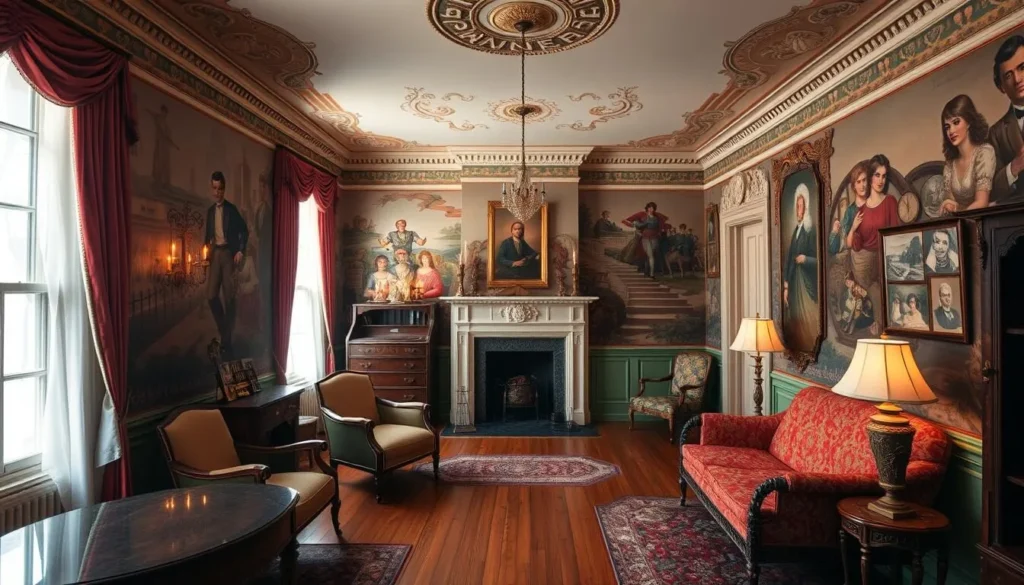 Generate an image of the Warner House's interior, showcasing its period furniture and wall murals.